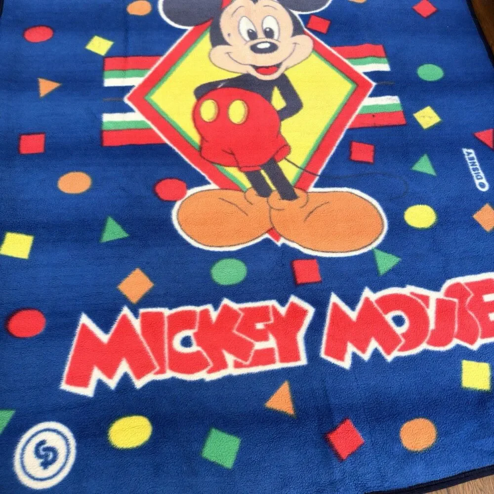 90s Disney Mickey Mouse Twin Blanket Blue Geometric Plush 78x61 Vintage